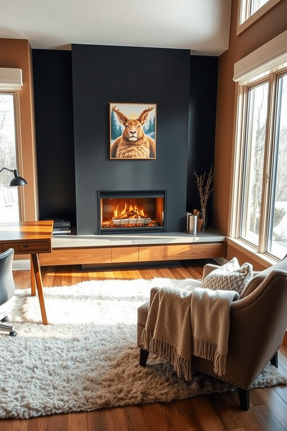 A cozy winter home office setting featuring a stylish fireplace with a modern design. The walls are adorned with warm, neutral tones, and a plush area rug lies beneath a sleek wooden desk. To the side of the fireplace, a comfortable armchair invites relaxation, complemented by a soft throw blanket. Large windows allow natural light to flood the space, enhancing the inviting atmosphere.