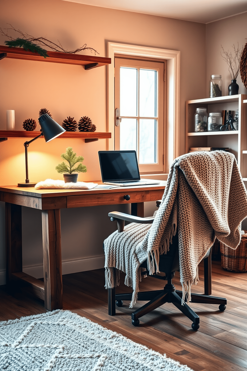 A cozy winter home office setting featuring natural elements like pinecones and branches. The desk is made of reclaimed wood, adorned with a soft woolen throw and a small potted evergreen plant. Warm light filters through a large window, highlighting a comfortable chair draped with a knitted blanket. On the shelves, decorative jars filled with pinecones and branches add a rustic touch to the space.