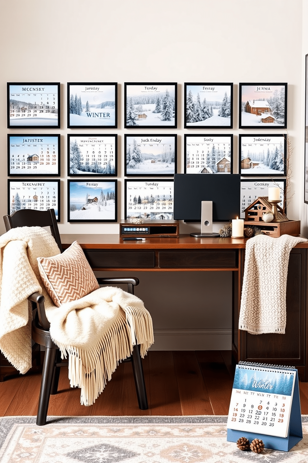 A winter-themed desk calendar featuring serene snowy landscapes and cozy cabin scenes. Each month showcases a different winter wonderland, with soft color palettes of blues and whites. A warm and inviting home office decorated for winter with plush throws and a stylish area rug. The desk is adorned with seasonal decor, including pinecones and candles, creating a cozy workspace.