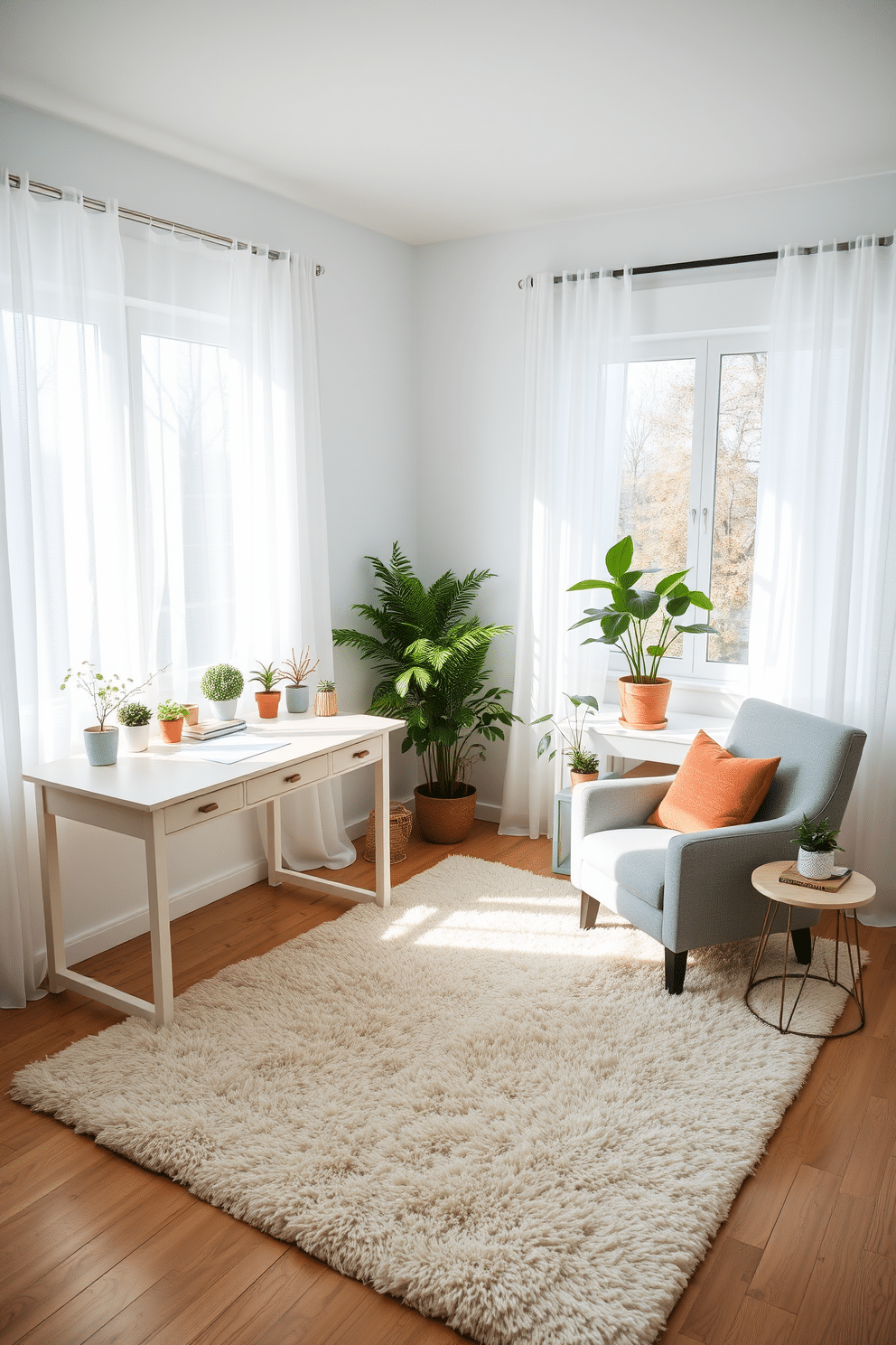 A cozy winter home office setting featuring a large white desk with a light wood finish. The walls are painted in a soft pale blue, creating a serene atmosphere, while a plush cream rug lies underfoot. A comfortable armchair upholstered in a light gray fabric is positioned in the corner, accompanied by a small side table. Natural light pours in through sheer white curtains, illuminating a collection of potted plants that add a touch of greenery to the space.