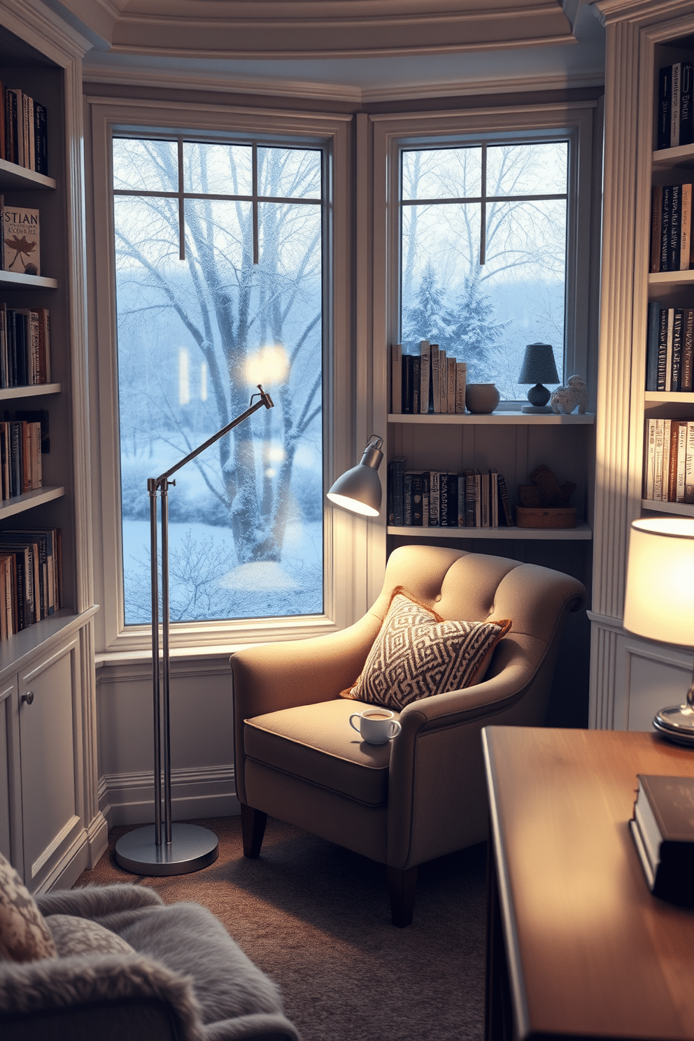 A cozy reading nook is nestled in the corner of a winter-themed home office. It features a plush armchair upholstered in a soft, warm fabric, accompanied by a small side table holding a steaming cup of tea. The nook is illuminated by a stylish floor lamp with a soft glow, creating an inviting atmosphere. Surrounding the nook are built-in shelves filled with books and decorative items, all framed by frosted windows that let in the winter light.