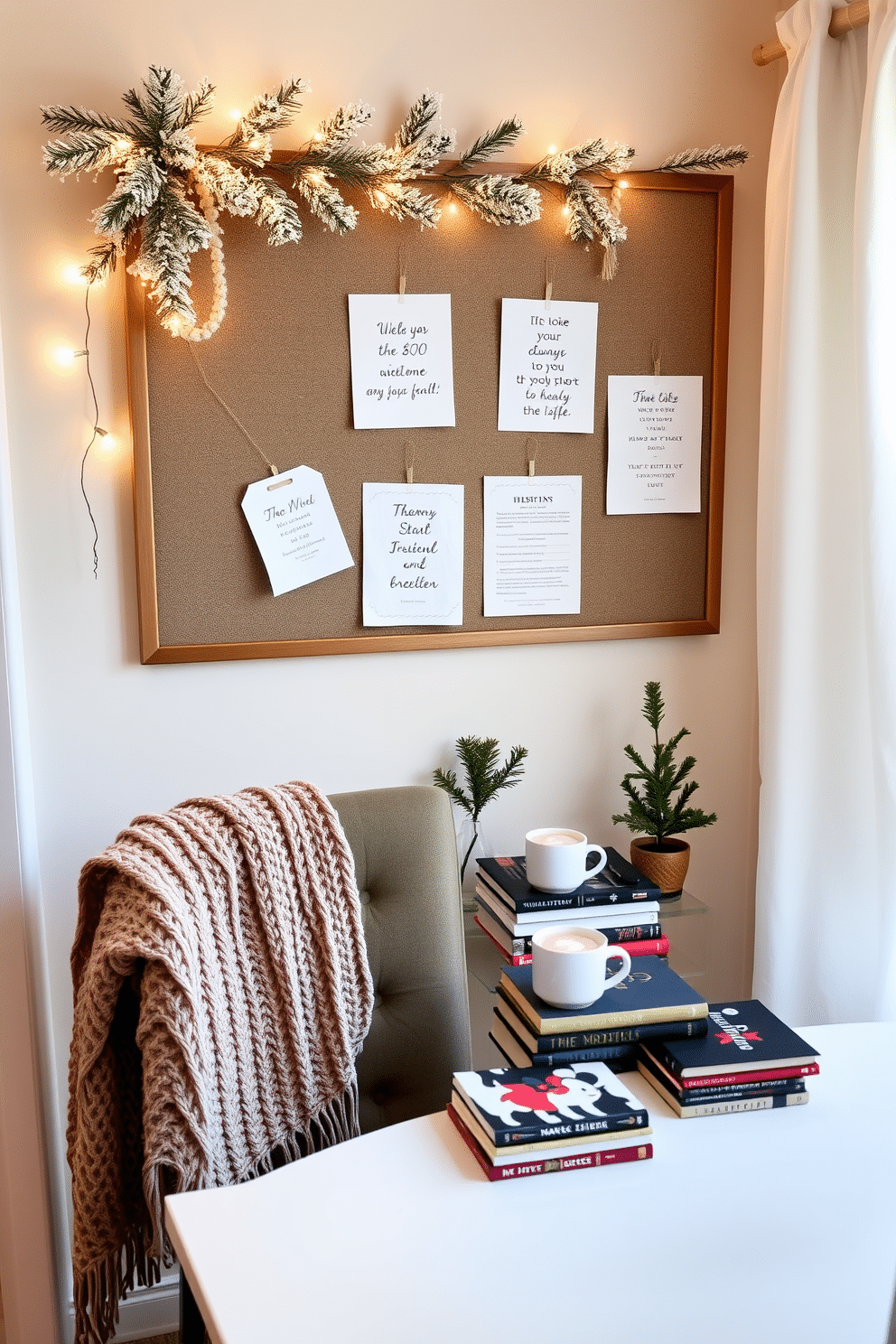 A cozy winter-themed bulletin board adorns the wall of a stylish home office. It features a mix of frosted pine branches, twinkling fairy lights, and inspirational quotes printed on textured paper. The desk is elegantly arranged with a warm knitted throw draped over the chair and a steaming mug of cocoa placed next to a stack of seasonal books. Soft white curtains frame the window, allowing natural light to illuminate the space while a small evergreen plant adds a touch of greenery.