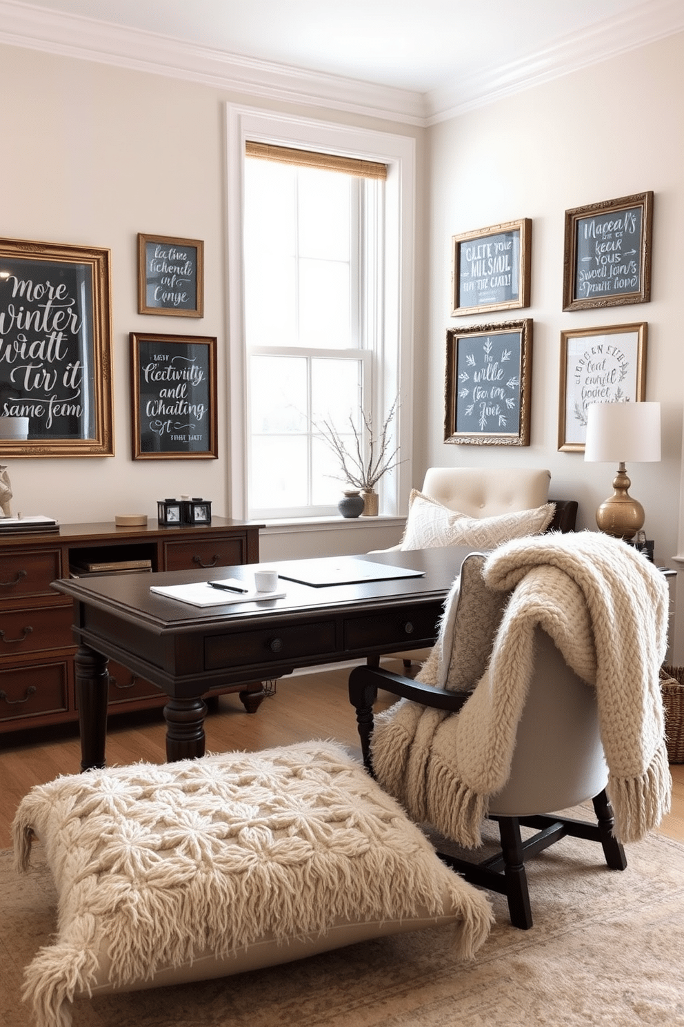 A cozy winter home office setting. The walls are adorned with winter-themed quotes and prints in elegant frames, creating an inspiring atmosphere. A large wooden desk is positioned near a window, allowing natural light to flood the space. Soft, textured throws and pillows are placed on a comfortable chair, inviting warmth and creativity.