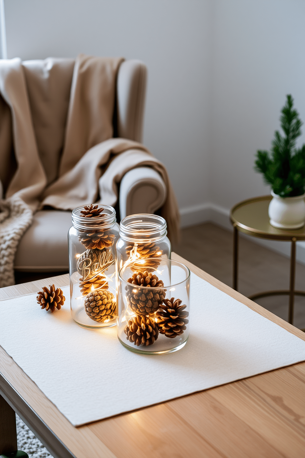 A cozy winter home office setting featuring glass jars filled with pinecones and fairy lights arranged on a wooden desk. A plush armchair draped with a soft throw blanket sits in the corner, complemented by a small potted evergreen plant on a side table.