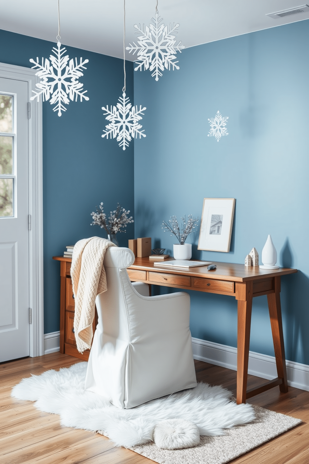 A cozy winter home office setting. The room features a wooden desk with a soft white chair, and decorative snowflakes hang gracefully from the ceiling. The walls are painted in a cool blue tone, creating a serene atmosphere. A plush area rug lies beneath the desk, and a warm throw blanket is draped over the chair for added comfort.