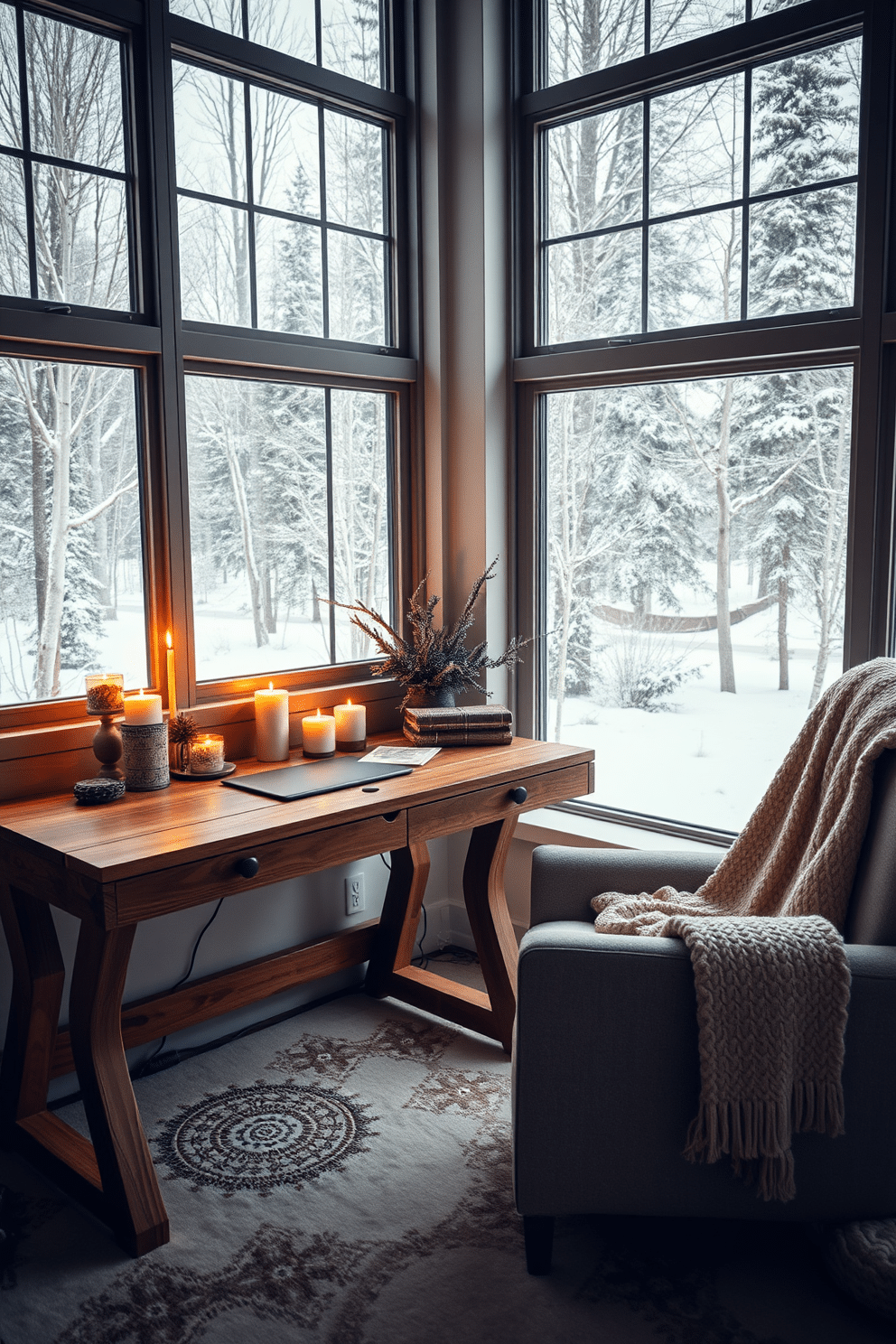 A cozy winter home office setting. The desk is made of reclaimed wood and is adorned with aromatic candles that emit warm winter scents. A plush armchair sits in the corner, draped with a soft knitted blanket. Large windows allow natural light to fill the room, complemented by a backdrop of snow-covered trees outside.