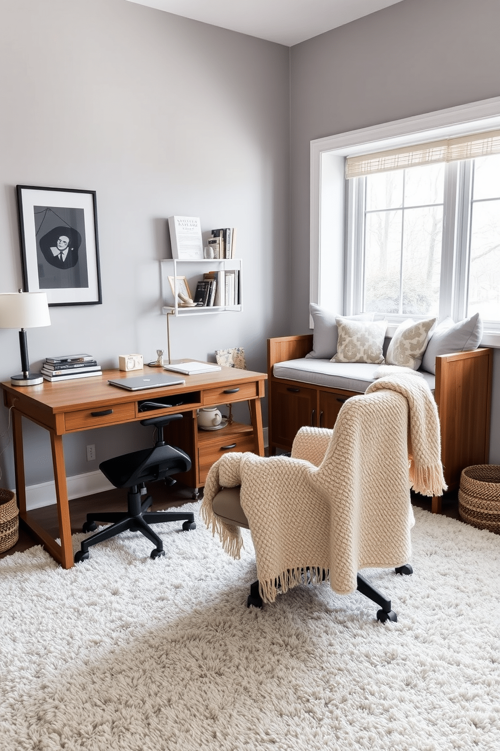 A cozy winter home office featuring a plush area rug that adds warmth and comfort to the space. The office is styled with a large wooden desk, a comfortable ergonomic chair, and a window seat adorned with soft cushions. The walls are painted in a soft gray hue, creating a serene backdrop for the room. A stylish bookshelf filled with books and decorative items complements the overall aesthetic, while a warm throw blanket drapes over the chair for added coziness.