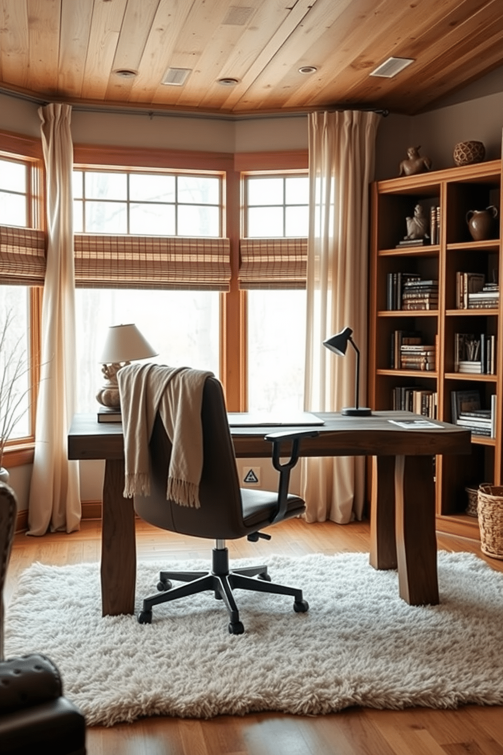 A cozy winter home office featuring wooden accents throughout the space. The desk is crafted from reclaimed wood, paired with a comfortable leather chair and a soft wool throw draped over the back. Natural light floods the room through large windows dressed with sheer curtains. A wooden bookshelf filled with books and decorative items adds warmth to the room, while a plush area rug anchors the space.