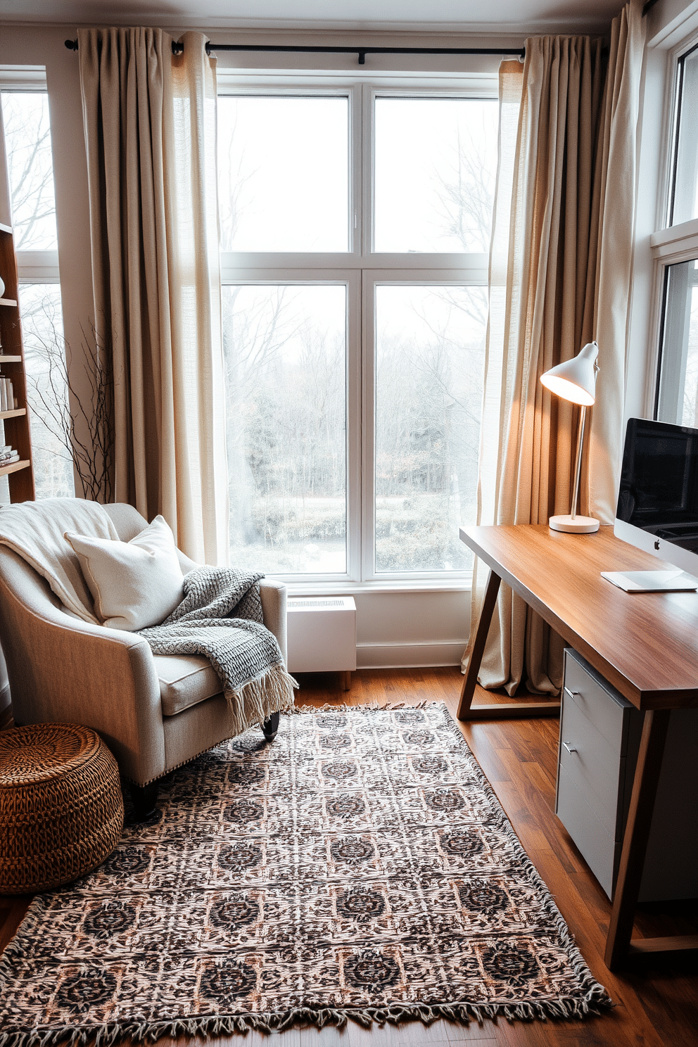 A cozy winter home office features layered textiles that invite warmth and comfort. Plush throw blankets drape over a soft armchair, while a patterned area rug adds texture beneath a sleek wooden desk. Natural light streams in through large windows adorned with soft linen curtains. A stylish desk lamp illuminates a minimalist workspace, creating an inspiring atmosphere for productivity.