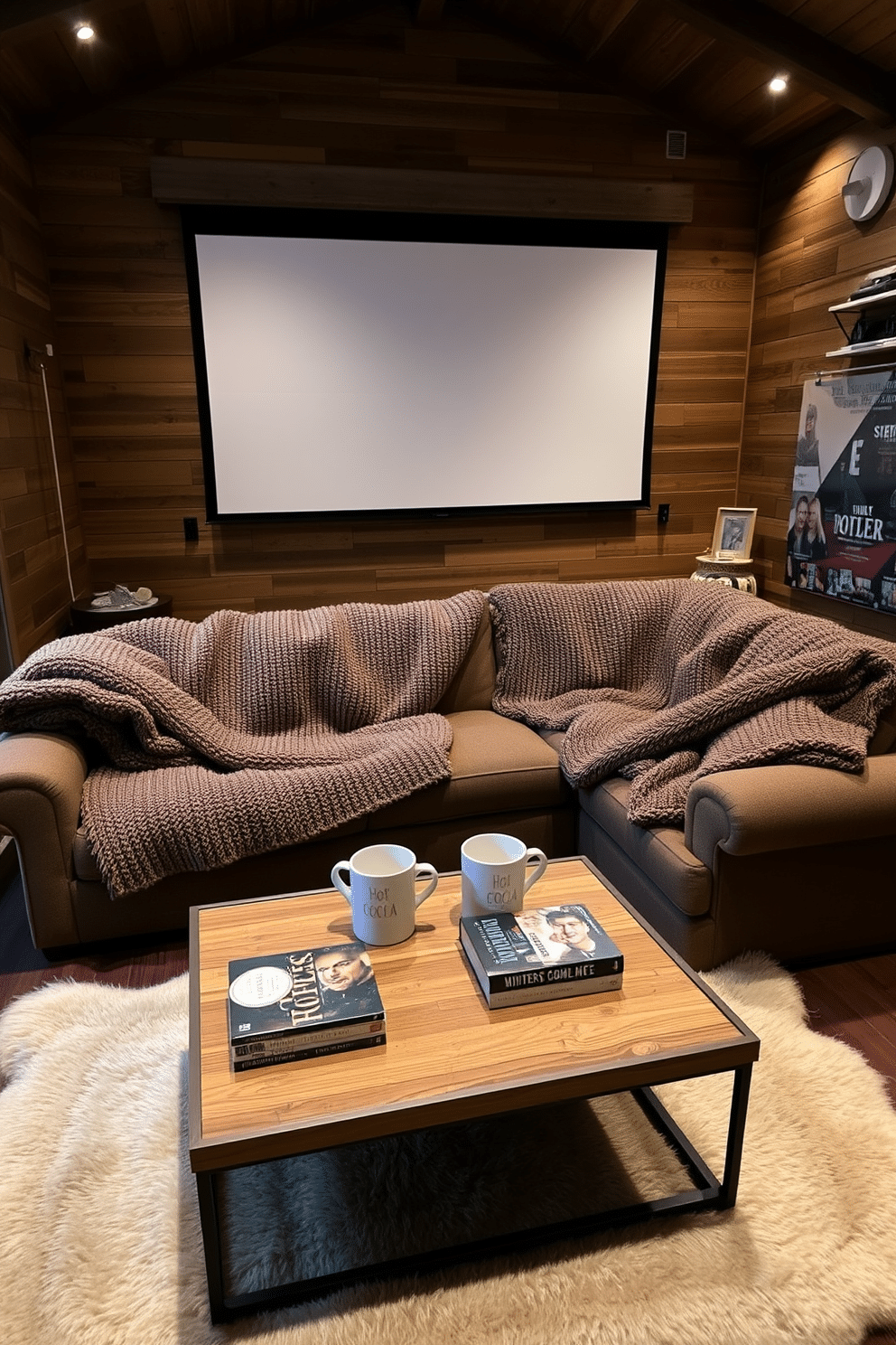 Cozy oversized blankets are draped over a plush sectional sofa in a warm living room. Soft ambient lighting creates an inviting atmosphere, with a large screen set up for movie nights. The walls are adorned with rustic wooden panels, enhancing the winter theme. A stylish coffee table holds hot cocoa mugs and a stack of classic films, while a faux fur rug adds warmth underfoot.