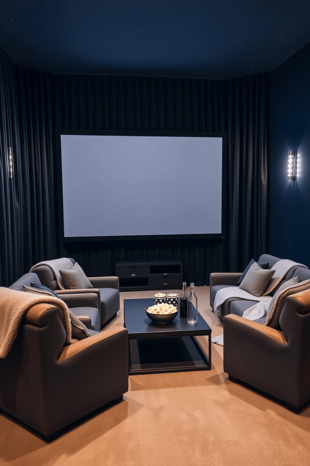 A cozy winter home theater setting. The room features dark curtains that block out light, creating an inviting atmosphere for movie nights. Plush seating is arranged in a semi-circle around a large screen, with soft throw blankets draped over the chairs. The walls are painted in a deep navy blue, and a stylish coffee table sits in the center, adorned with popcorn and drinks.