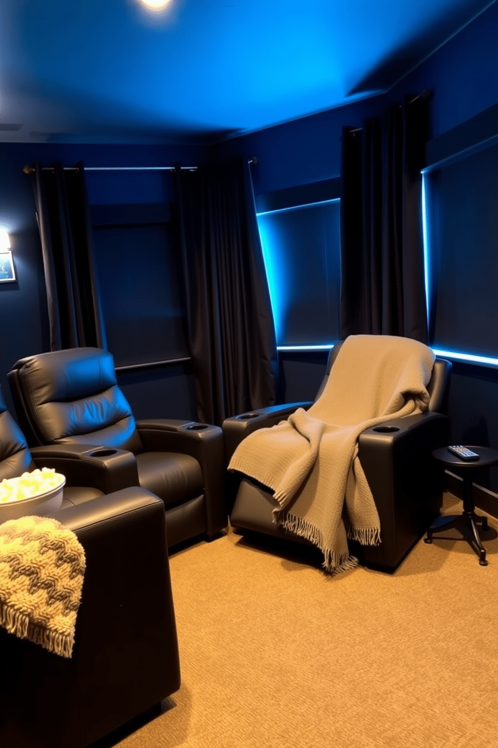 A cozy home theater setting featuring two comfortable reclining chairs positioned for optimal viewing. The walls are painted a deep navy blue, and soft ambient lighting creates a warm atmosphere. A plush throw blanket drapes over one of the chairs, while a small side table holds a bowl of popcorn and a remote control. Large blackout curtains frame the windows, enhancing the cinematic experience.