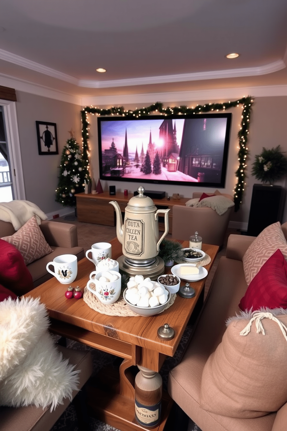 A cozy hot cocoa station for winter treats. The setup includes a rustic wooden table adorned with a vintage cocoa pot, mugs with festive designs, and a variety of toppings like whipped cream and marshmallows. A stylish winter home theater decorated for comfort. Plush seating is arranged around a large screen, with soft throw blankets and pillows in warm colors, and twinkling fairy lights create a magical ambiance.