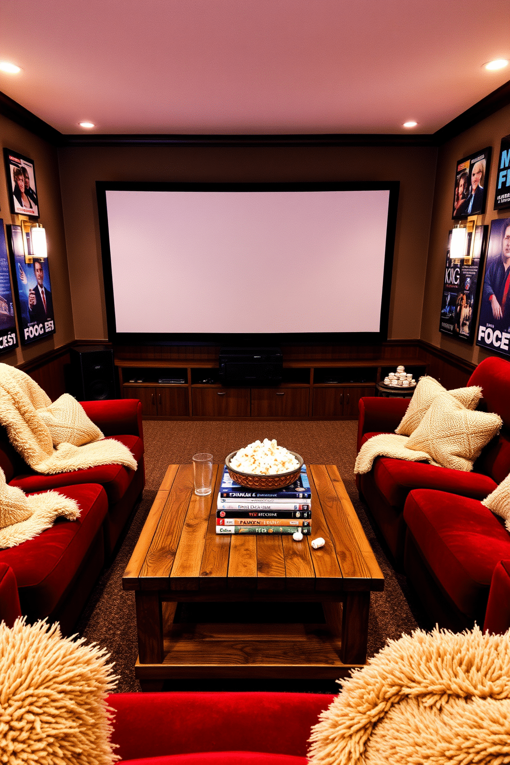 Themed movie posters adorn the walls of a cozy winter home theater. Plush seating in rich burgundy surrounds a large screen, with soft, warm lighting creating an inviting atmosphere. A rustic wooden coffee table sits at the center, topped with a stack of classic film DVDs and a bowl of popcorn. Fluffy blankets in neutral tones are draped over the seating, enhancing the comfort of the space.