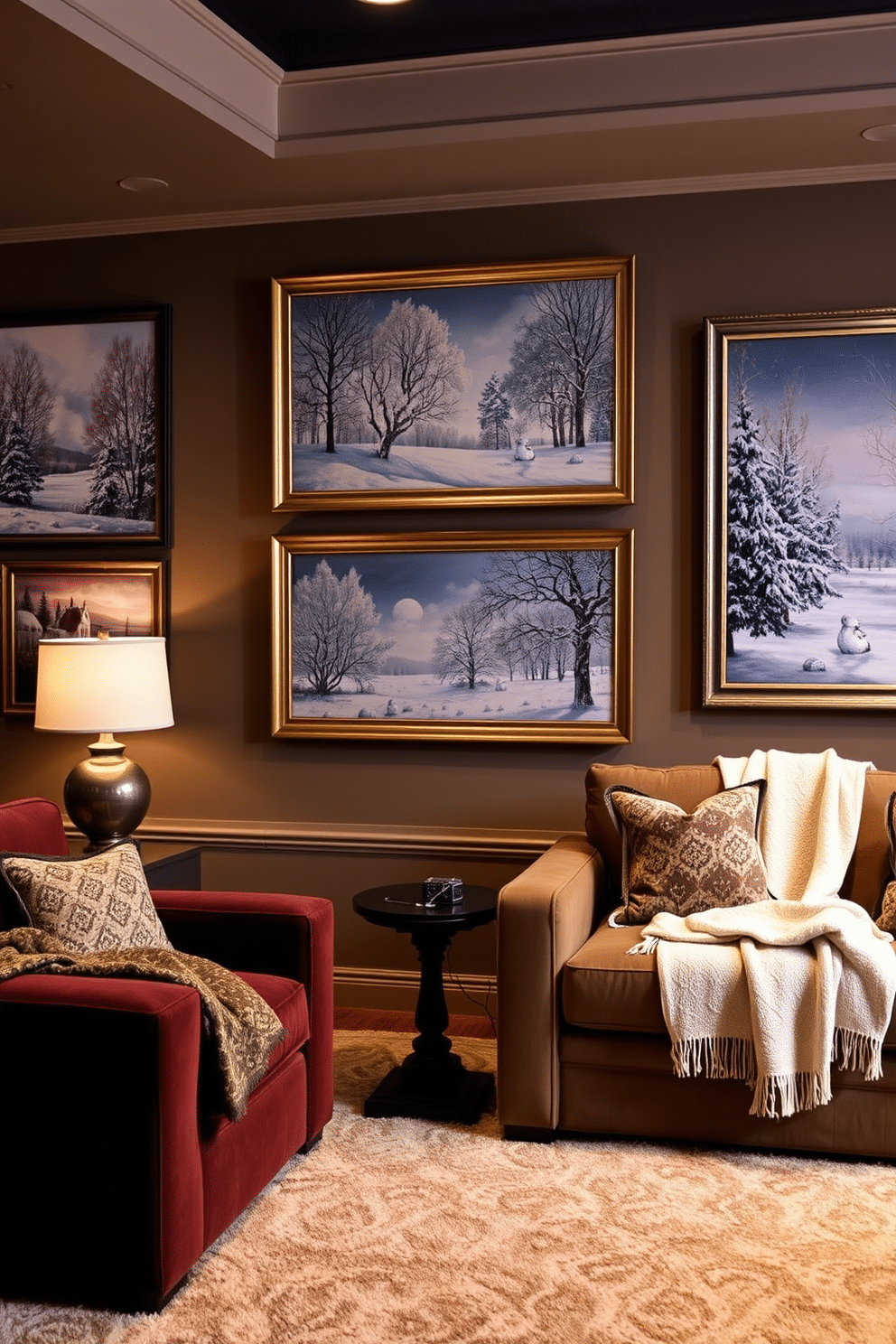 Winter themed artwork on the walls creates a cozy and inviting atmosphere. The pieces feature snowy landscapes and warm color palettes that enhance the seasonal charm. For winter home theater decorating ideas, plush seating in rich fabrics adds comfort and luxury. Accent the space with soft throws and ambient lighting to create a perfect movie-watching environment.