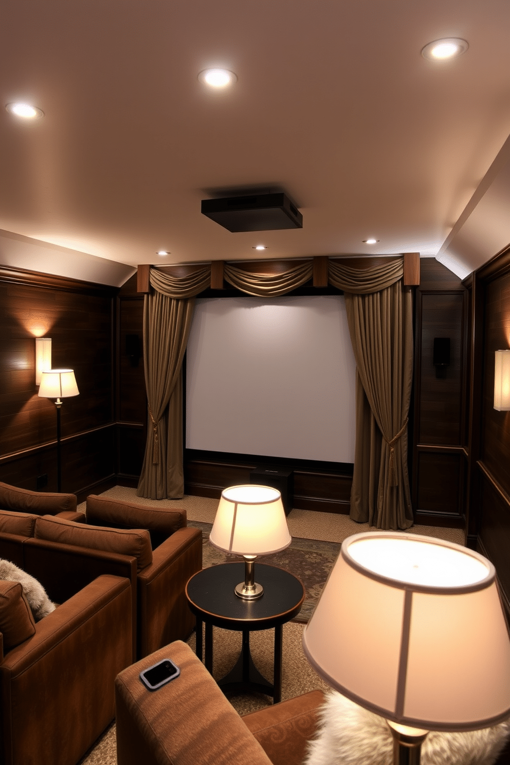 A cozy winter home theater featuring layered lighting for adjustable brightness. Soft recessed lights illuminate the room, while stylish floor lamps add warmth and ambiance. The walls are adorned with dark wood paneling, creating a rich backdrop for plush seating. A large screen is the focal point, framed by elegant drapes that complement the overall color scheme.