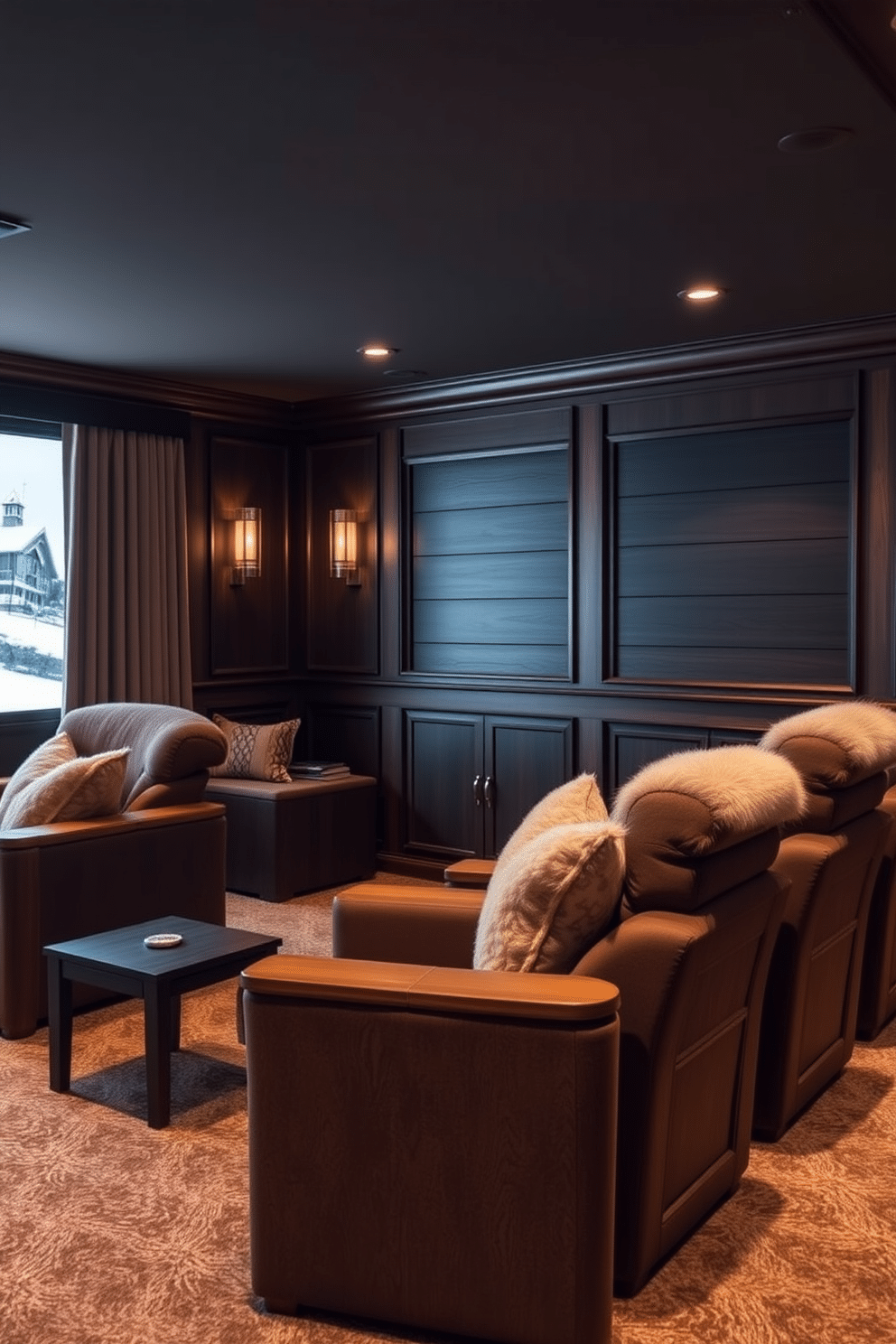 A cozy winter home theater setting featuring plush seating with warm wooden accents. The walls are adorned with rich, dark wood paneling and soft, ambient lighting creates an inviting atmosphere.