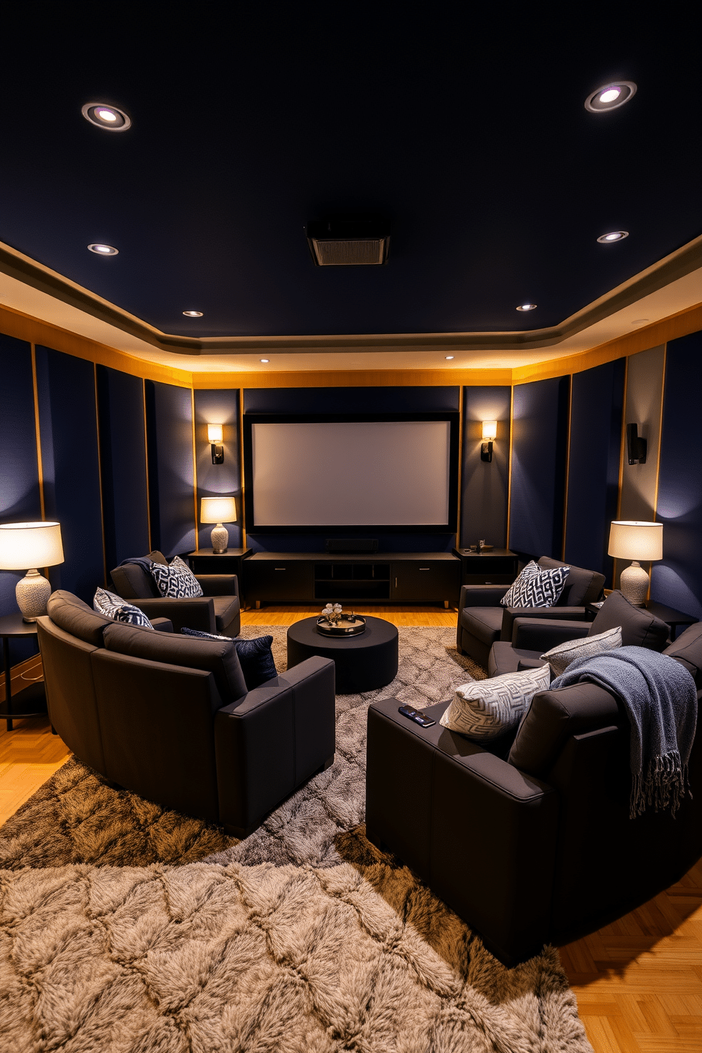 A cozy winter home theater featuring plush seating arranged in a semi-circle around a large screen. The walls are adorned with soundproofing panels in deep navy blue, enhancing the room's acoustics while providing a stylish backdrop. Soft ambient lighting creates a warm atmosphere, with strategically placed floor lamps and sconces. A thick area rug in rich textures lies underfoot, while decorative throw blankets and pillows add comfort to the seating.