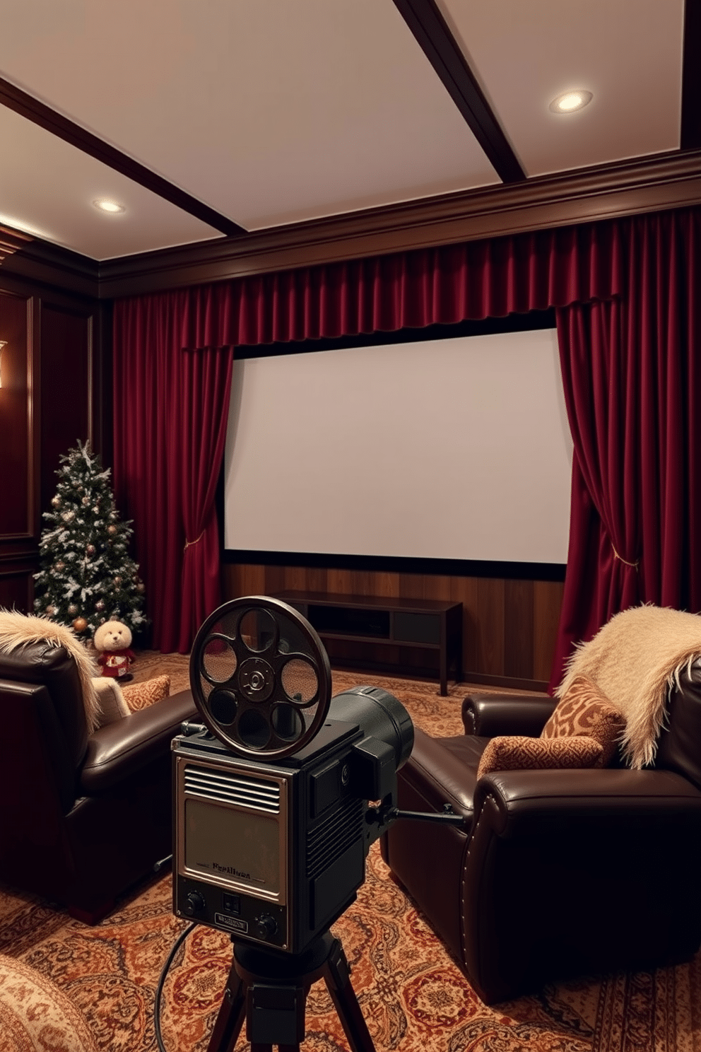 A cozy winter home theater setting featuring a vintage movie projector that evokes nostalgia. The walls are adorned with rich, dark wood paneling and plush velvet curtains that frame a large screen for movie viewing.