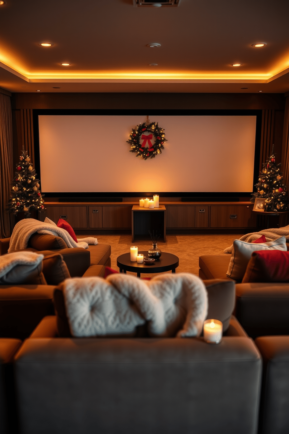 A cozy winter home theater setting. Plush seating arranged around a large screen creates an inviting atmosphere with soft blankets draped over the chairs. Warm ambient lighting enhances the space, casting a golden glow. Scented candles and diffusers are strategically placed to fill the room with seasonal fragrances like pine and cinnamon.