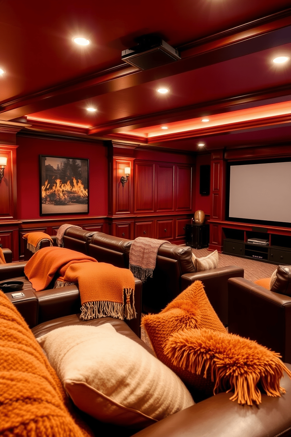 A cozy winter home theater with warm color palettes. The walls are painted in rich burgundy, complemented by plush, oversized seating in deep brown leather. Soft, ambient lighting creates an inviting atmosphere, while a large screen is framed by wooden paneling. Decorative throw blankets and cushions in shades of rust and gold add comfort and style to the space.