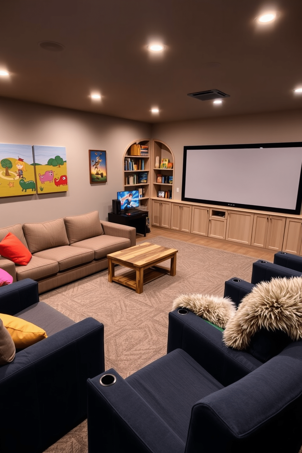 Interactive game area for family fun. The space features a large sectional sofa in a warm gray fabric, surrounded by colorful bean bags and a coffee table made of reclaimed wood. Bright wall art depicting playful scenes adds a cheerful touch. A multi-functional game console is set up in the corner, with shelves stocked with board games and puzzles for all ages. Winter Home Theater Decorating Ideas. The room showcases plush reclining chairs upholstered in deep navy fabric, arranged in a semi-circle facing a large projection screen. Soft, dimmable lighting creates a cozy atmosphere, while a faux fur throw blanket drapes over one chair for added comfort.