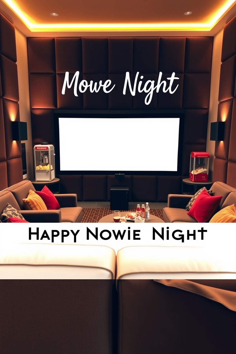 A cozy home theater setting designed for a personalized movie night invitation board. The walls are adorned with soft, dark acoustic panels, and plush seating is arranged in a semi-circle facing a large screen. Warm ambient lighting creates an inviting atmosphere, while a vintage popcorn machine sits in the corner. Decorative throw pillows in rich colors add comfort, and a small side table holds an assortment of snacks and beverages.