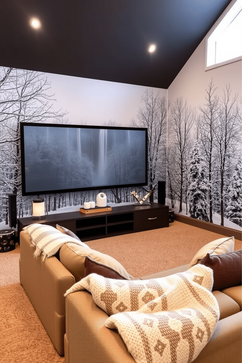 Accent wall with winter landscape mural. The mural depicts a serene snowy forest scene, creating a tranquil atmosphere in the room. Winter home theater decorating ideas. Cozy seating is arranged in front of a large screen, complemented by soft throw blankets and a warm color palette.