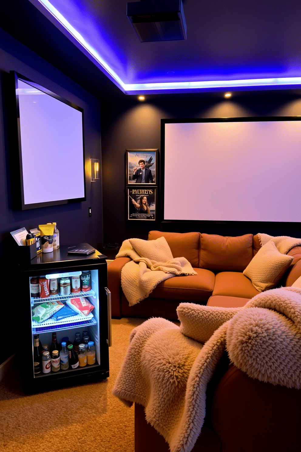 A cozy winter home theater setting. There is a mini fridge stocked with snacks and drinks, positioned next to a plush sectional sofa covered in soft blankets. The walls are painted a deep navy blue, and warm ambient lighting creates a welcoming atmosphere. A large screen is mounted on the wall, with a collection of movie posters framed nearby.