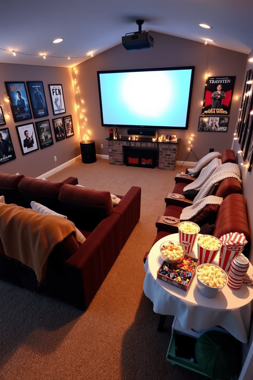 A cozy winter home theater is designed for a movie-themed trivia night. Plush seating is arranged in a semi-circle facing a large screen, with warm throw blankets draped over each chair. The walls are adorned with framed movie posters and string lights create a soft glow throughout the room. A snack table is set up nearby, featuring popcorn, candy, and themed drinks for guests to enjoy during the event.