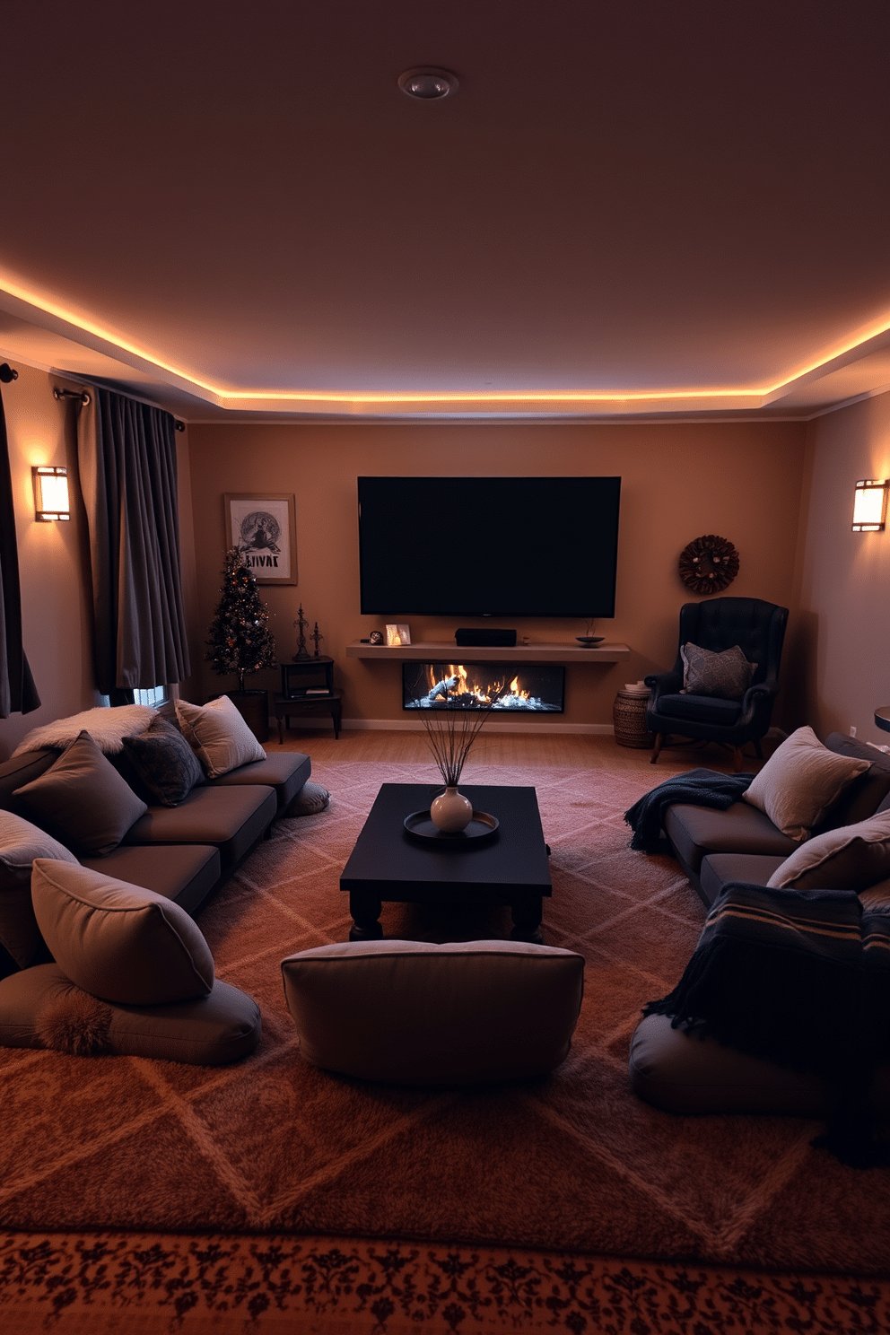 A cozy winter home theater featuring comfortable floor seating with plush cushions arranged around a low coffee table. Soft, warm lighting creates an inviting atmosphere, while a large screen is mounted on the wall, surrounded by tasteful decor and blankets for added comfort.