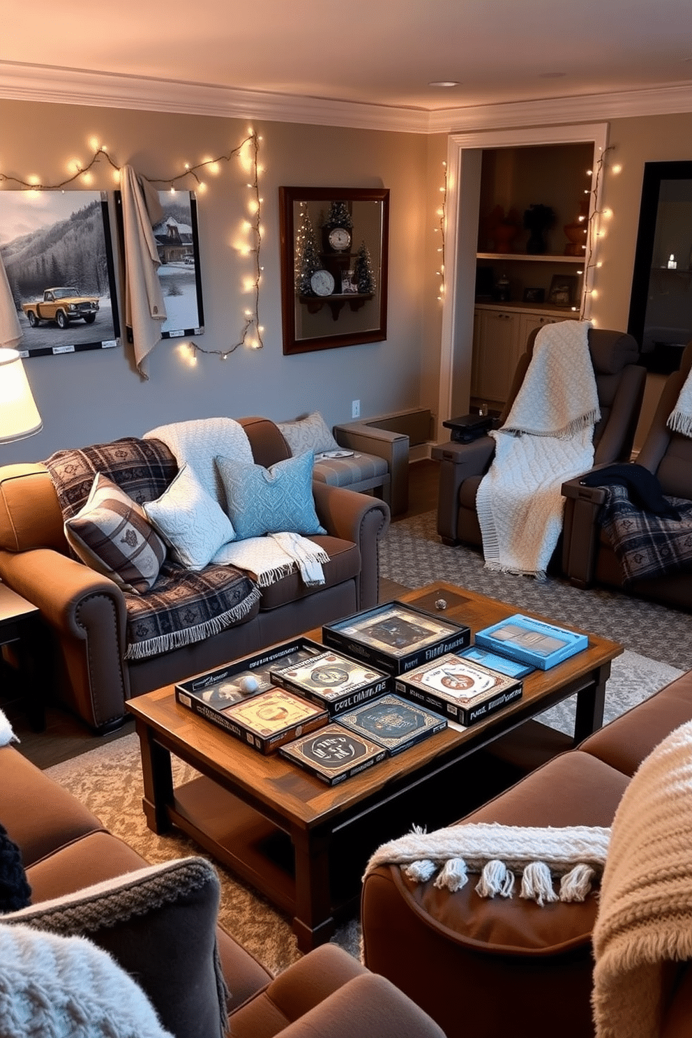 Classic board games for cozy nights. A warm living room setting with a plush sofa adorned with soft throw blankets. A wooden coffee table is set up with a selection of classic board games neatly arranged, surrounded by comfortable seating. Soft lighting from a nearby lamp creates an inviting atmosphere, perfect for gathering with family and friends. Winter Home Theater Decorating Ideas. A cozy home theater featuring plush reclining seats and a large screen for movie nights. The walls are adorned with winter-themed decor, including soft blankets and decorative pillows in cool tones. Twinkling fairy lights add a magical touch, enhancing the overall ambiance for a perfect winter viewing experience.