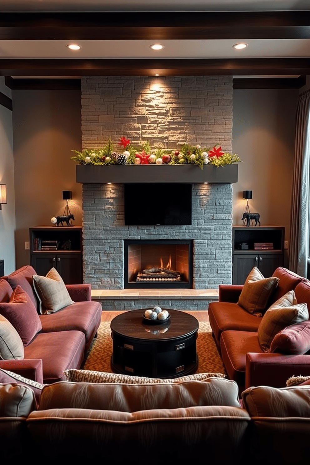 A cozy winter home theater features a stunning fireplace as the focal point. The fireplace is surrounded by a sleek stone facade, with a large mantle adorned with seasonal decor and soft lighting. Plush seating is arranged in a semi-circle facing the fireplace, creating an inviting atmosphere. Rich, warm colors dominate the space, complemented by soft textiles and layered lighting for a comfortable viewing experience.