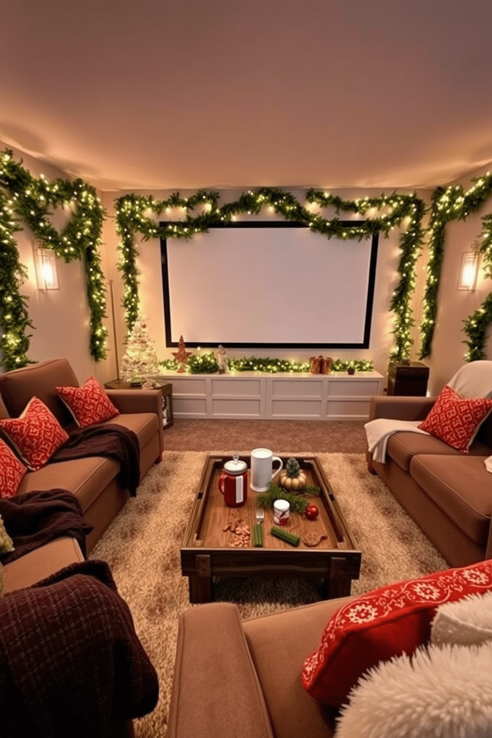 A cozy winter home theater adorned with seasonal garlands. The walls are draped with evergreen garlands interspersed with twinkling fairy lights, creating a warm and inviting atmosphere. Plush seating is arranged in a semi-circle around a large screen, with soft blankets and decorative pillows in festive colors. A rustic coffee table is set in the center, featuring a tray of hot cocoa and seasonal snacks for a perfect movie night experience.