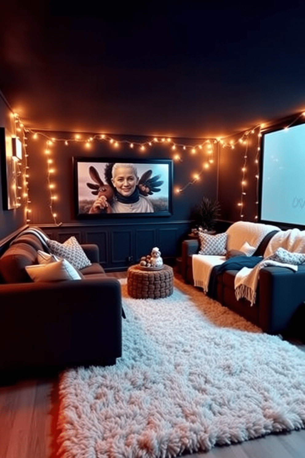 A cozy home theater setting designed for winter enjoyment. The room features a plush area rug that adds warmth underfoot, surrounded by comfortable seating and soft throw blankets. The walls are painted in a deep navy blue, creating a snug atmosphere. Ambient lighting highlights the space, with twinkling fairy lights draped along the ceiling for a festive touch.