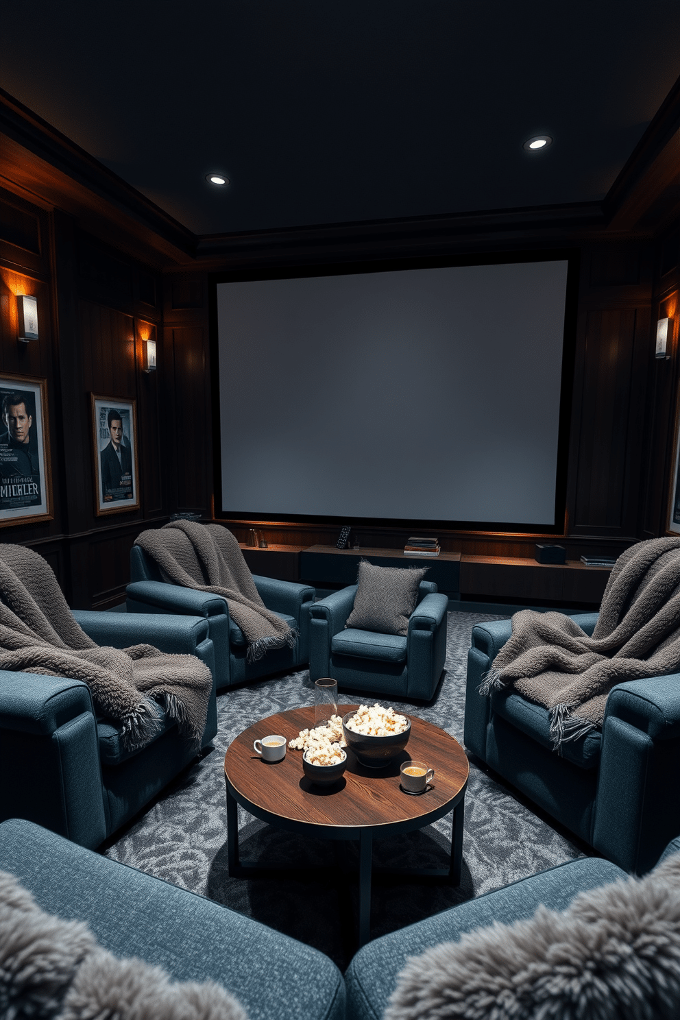 A cozy winter home theater setting with plush seating arranged in a semi-circle. The walls are adorned with dark wood paneling, and a large screen is framed by soft, ambient lighting that creates a cinematic atmosphere. Thick, warm blankets are draped over the chairs, and a stylish coffee table is filled with popcorn and hot cocoa. Decorative elements include framed movie posters and a subtle color palette of deep blues and grays, enhancing the inviting ambiance.