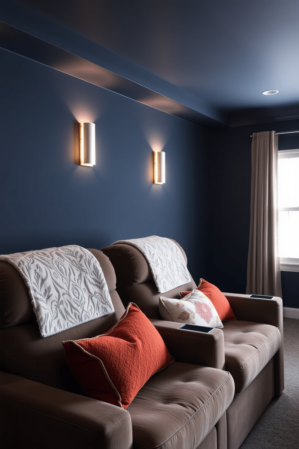 A cozy home theater featuring plush seating adorned with decorative throw pillows in seasonal colors. The walls are painted a deep navy blue, and soft ambient lighting creates a warm and inviting atmosphere.