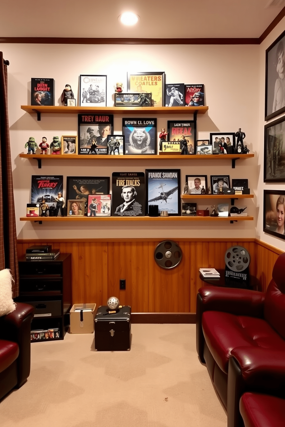 A cozy winter home theater featuring wall-mounted shelves adorned with movie memorabilia. The shelves are filled with classic film posters, collectible figurines, and vintage movie reels, creating an inviting atmosphere for movie nights.