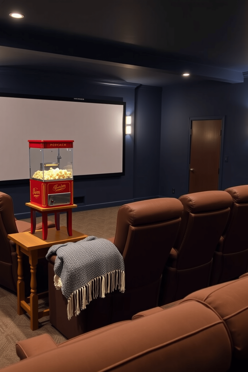 Classic popcorn machine for movie nights. The machine is a vintage red and yellow design, sitting on a wooden side table adorned with a cozy throw blanket. The walls of the home theater are painted a deep navy blue, creating a warm and inviting atmosphere. Plush recliner chairs are arranged in a semi-circle facing a large screen, with soft lighting accentuating the space.