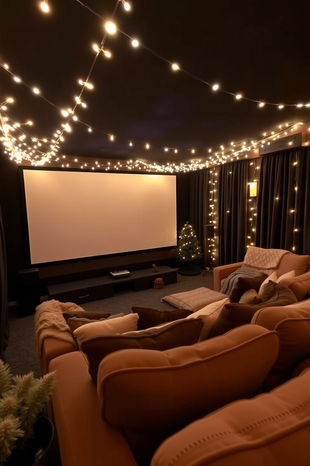 A cozy winter home theater setting filled with soft ambient string lights creating a warm and inviting atmosphere. Plush seating is arranged around a large screen, with blankets and cushions adding comfort for a perfect movie night experience.