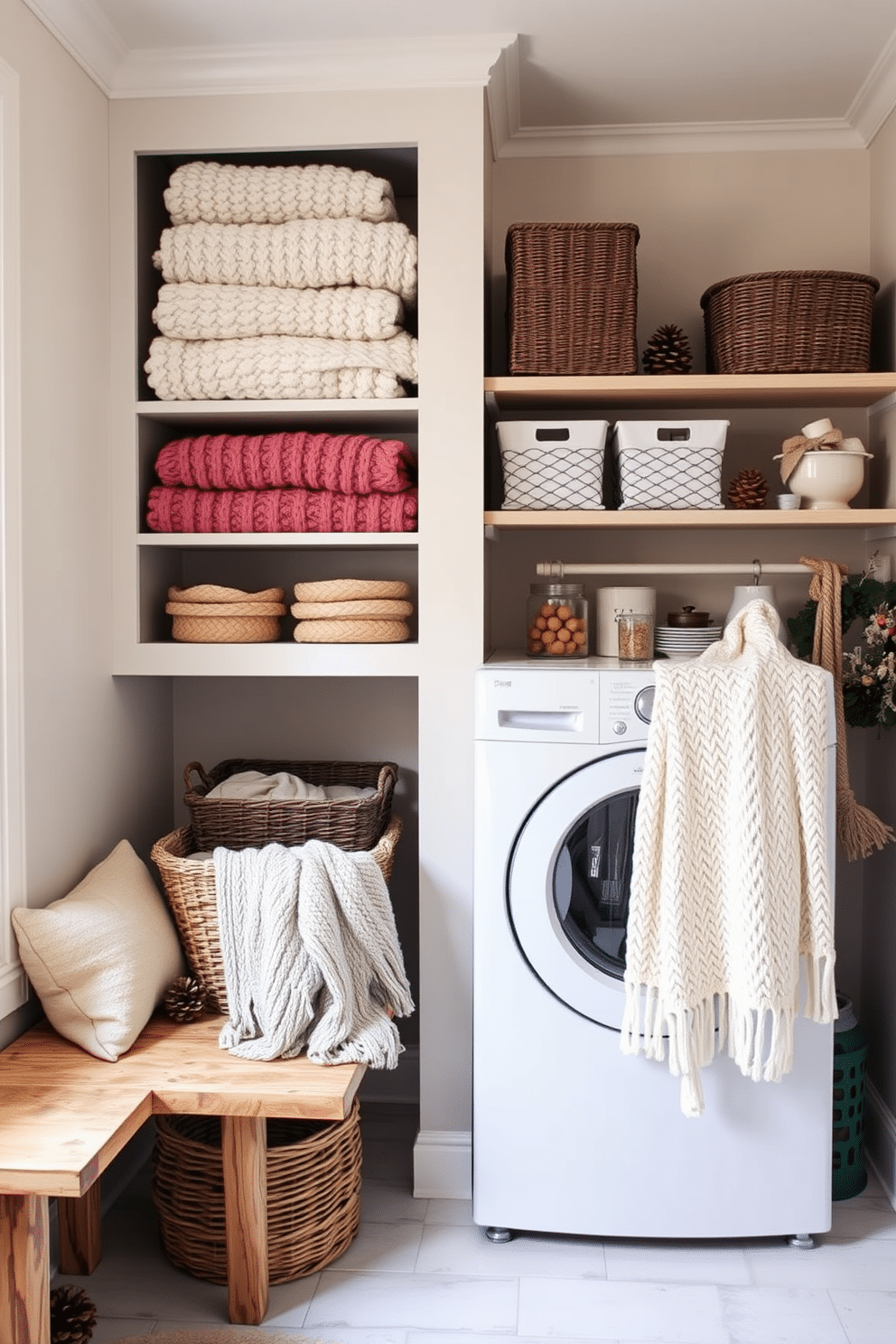 Cozy knitted throw blankets are neatly arranged on open shelves, adding warmth and texture to the space. The laundry room features soft, muted colors, with decorative baskets and a stylish drying rack to enhance the inviting atmosphere. Winter laundry room decorating ideas include seasonal accents like pinecone arrangements and subtle holiday-themed decor. A rustic wooden bench provides a functional yet decorative element, perfect for folding clothes or storing additional items.