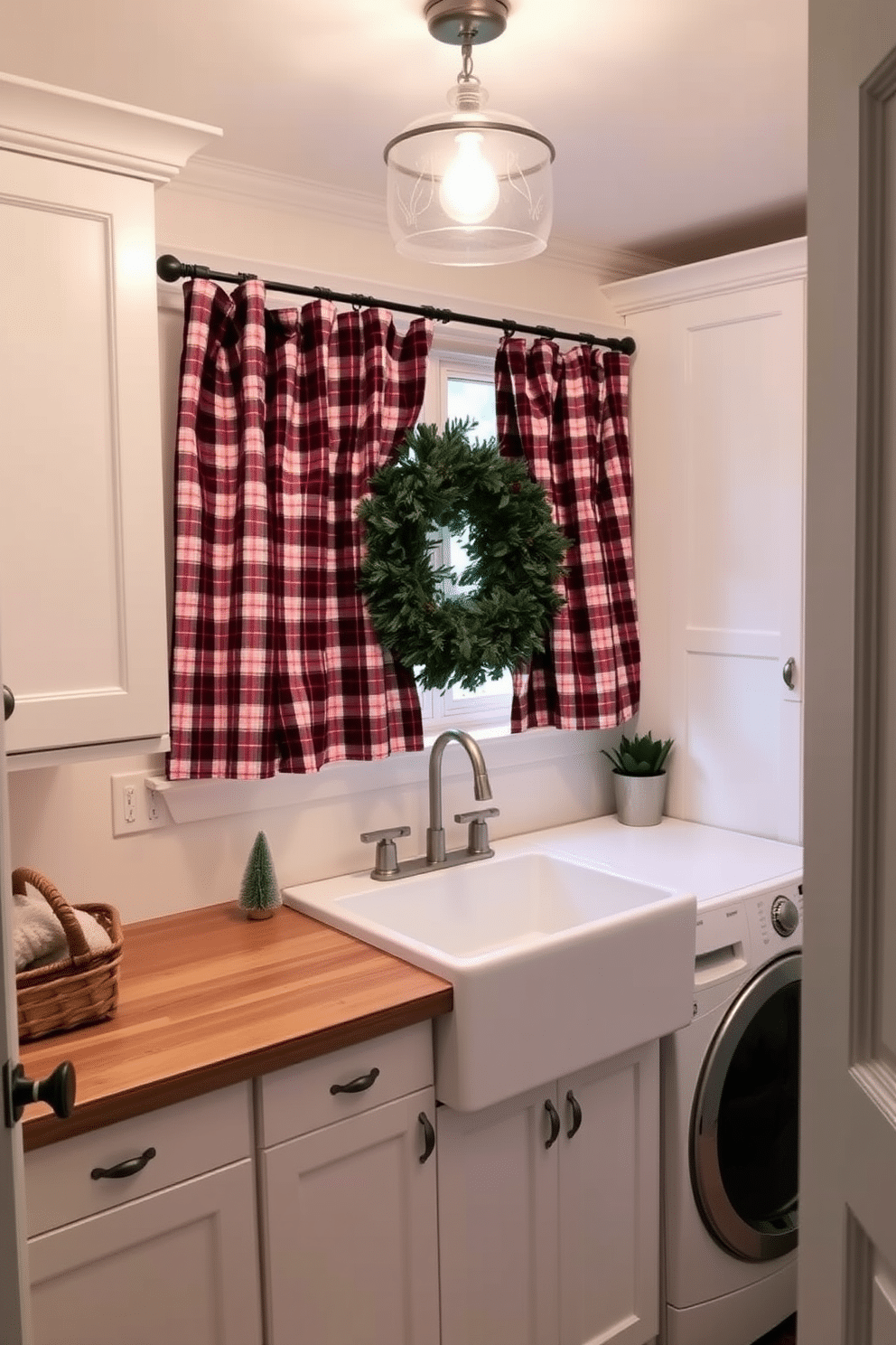 A cozy winter laundry room featuring plaid curtains that add a seasonal touch. The room is bright and airy with white cabinetry and a farmhouse sink, complemented by a rustic wooden countertop.