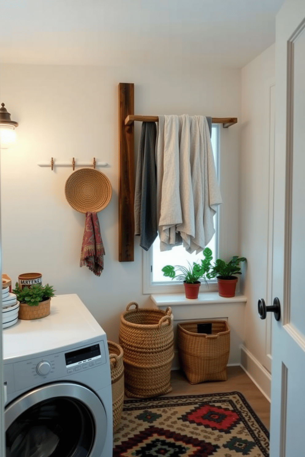 A cozy winter laundry room features a wall-mounted drying rack made of reclaimed wood, adding a rustic charm to the space. Soft white walls are complemented by warm, ambient lighting, creating an inviting atmosphere for laundry tasks. Decorative elements include woven baskets for organizing supplies and a vibrant rug that adds a pop of color. Potted plants placed on the windowsill bring a touch of nature indoors, enhancing the overall aesthetic.