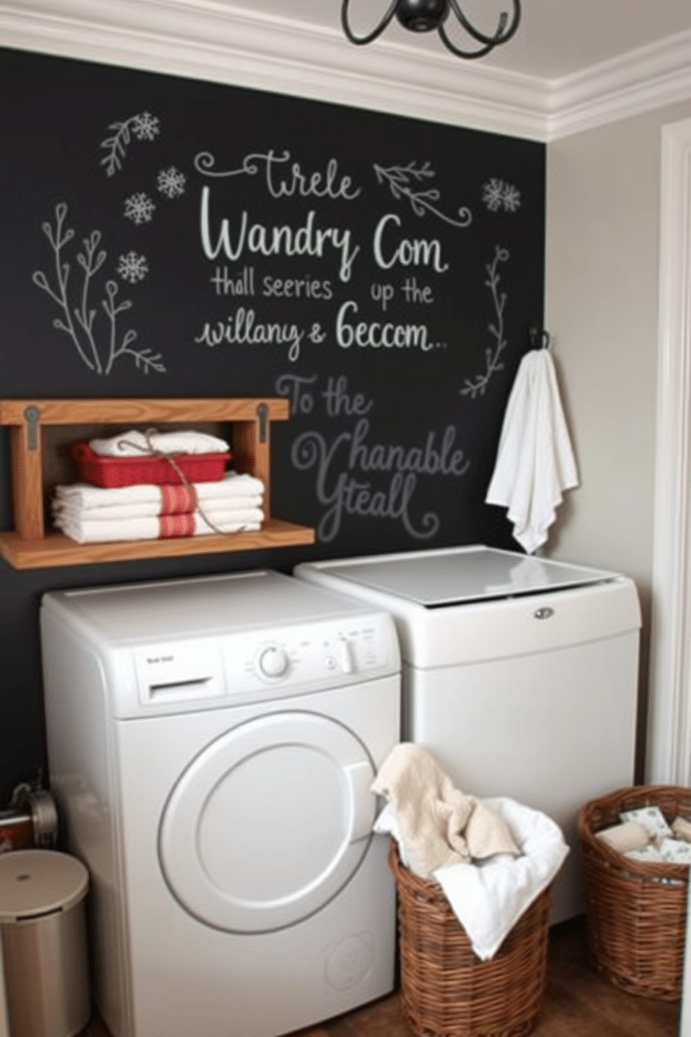 A cozy winter laundry room featuring a chalkboard wall for seasonal messages. The space includes a rustic wooden shelf adorned with neatly folded towels and a basket of winter essentials.