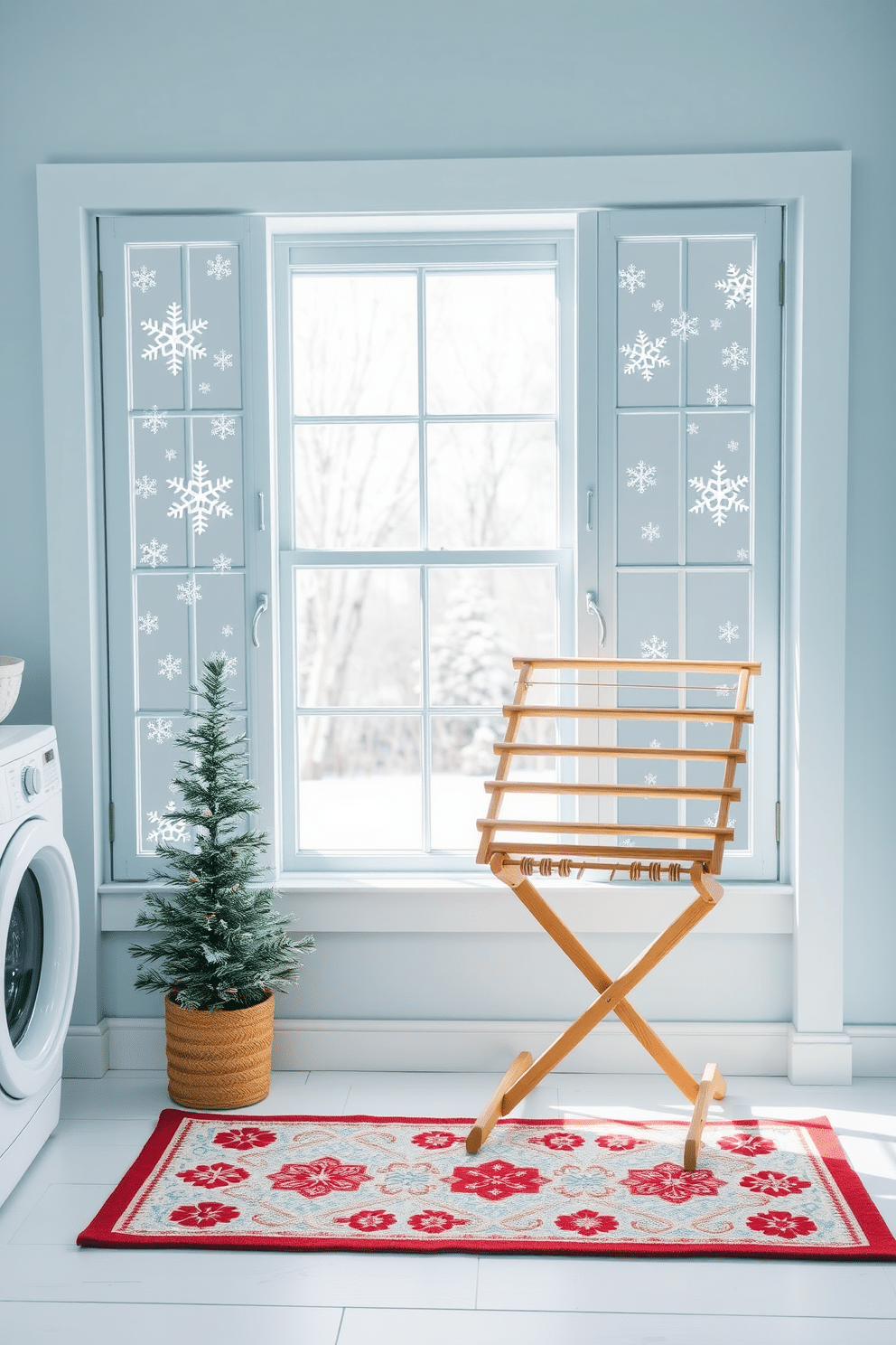 A whimsical winter laundry room setting. The windows are adorned with delicate snowflake decals that catch the light beautifully. The walls are painted a soft icy blue, creating a cozy atmosphere. A rustic wooden drying rack is placed near the window, complemented by a cheerful patterned rug on the floor.