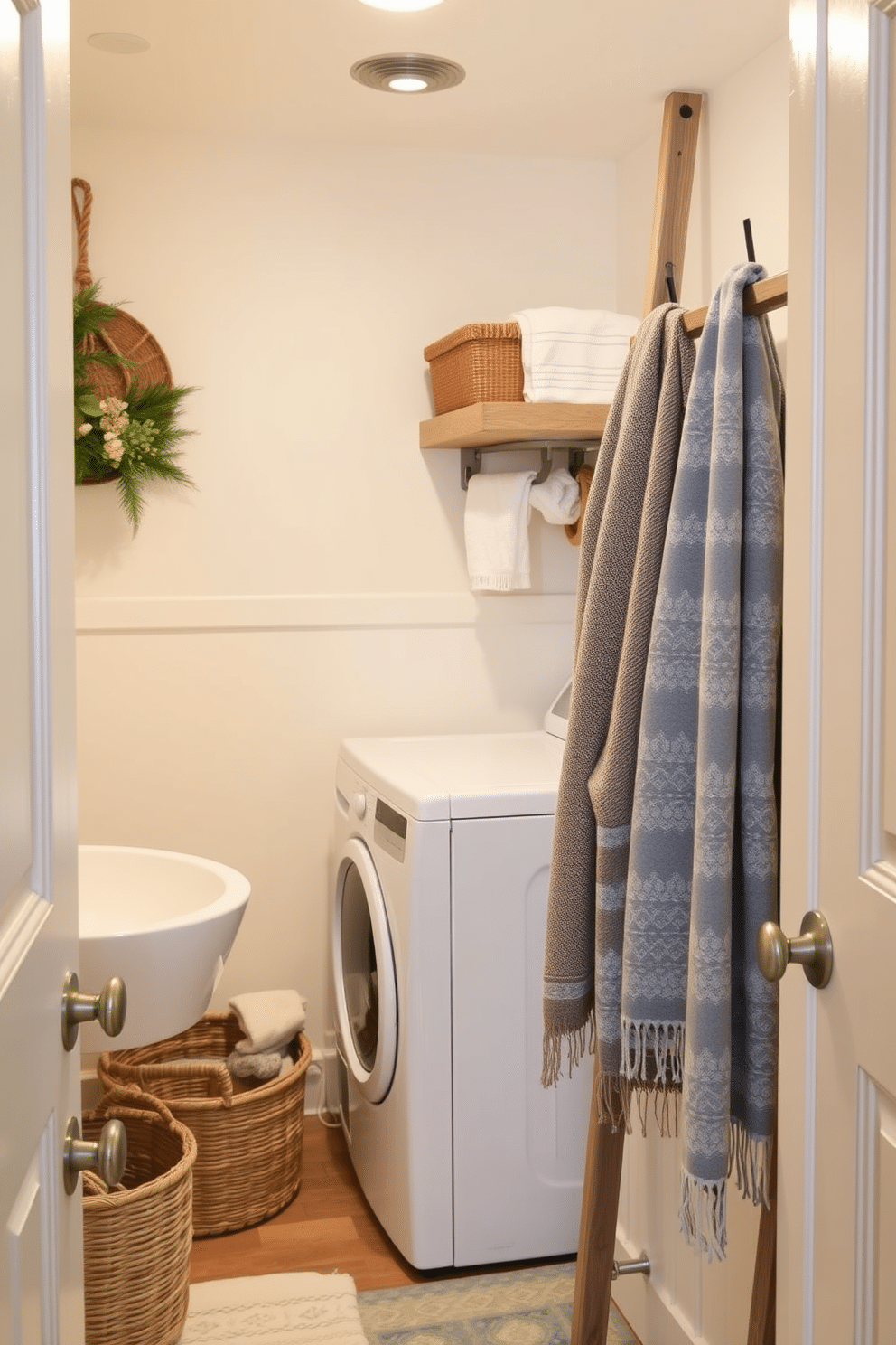 A cozy winter laundry room featuring a wooden ladder for hanging towels. The space is adorned with soft, neutral colors and warm lighting to create an inviting atmosphere.