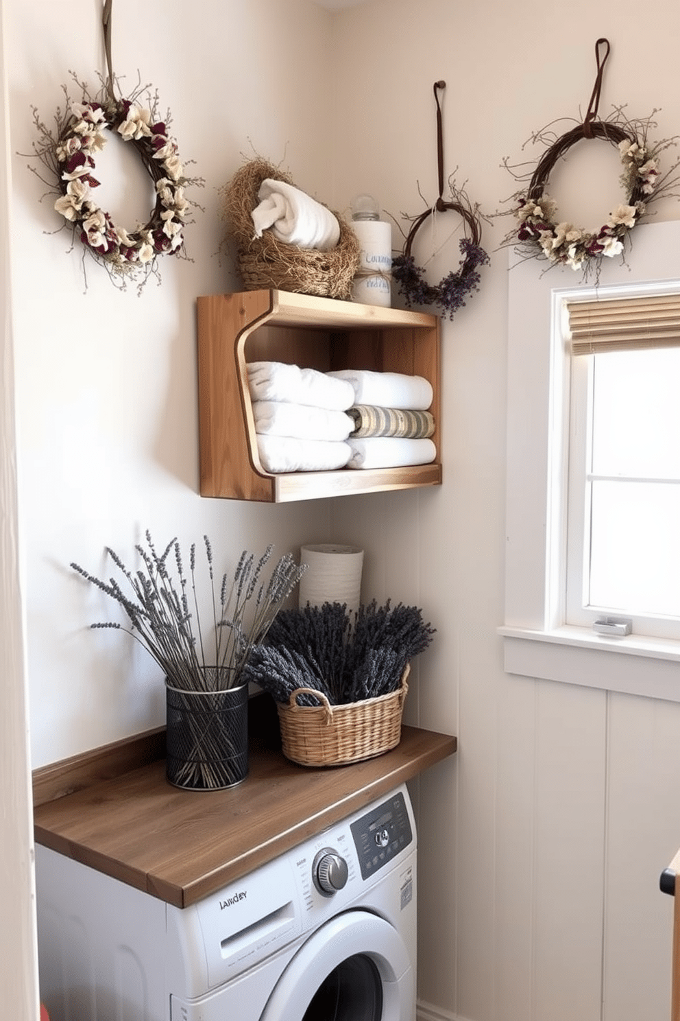 A cozy winter laundry room adorned with wreaths made of dried flowers and herbs. The walls are painted in a soft pastel hue, and a rustic wooden shelf displays neatly folded towels and laundry essentials. A vintage-style washing machine sits beneath a countertop, complemented by a decorative basket filled with dried lavender. Natural light floods the space through a small window, illuminating the charming details and inviting atmosphere.