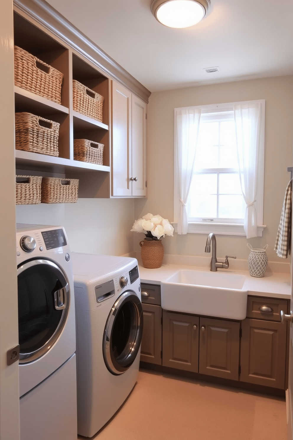 A cozy laundry room designed with a warm color palette incorporating soft neutrals. The walls are painted in a gentle cream shade, and the cabinetry features a soft taupe finish for a welcoming feel. A large farmhouse sink sits beneath a window dressed with sheer white curtains, allowing natural light to flood the space. Decorative baskets in natural fibers are neatly arranged on open shelves, adding both functionality and charm to the room.