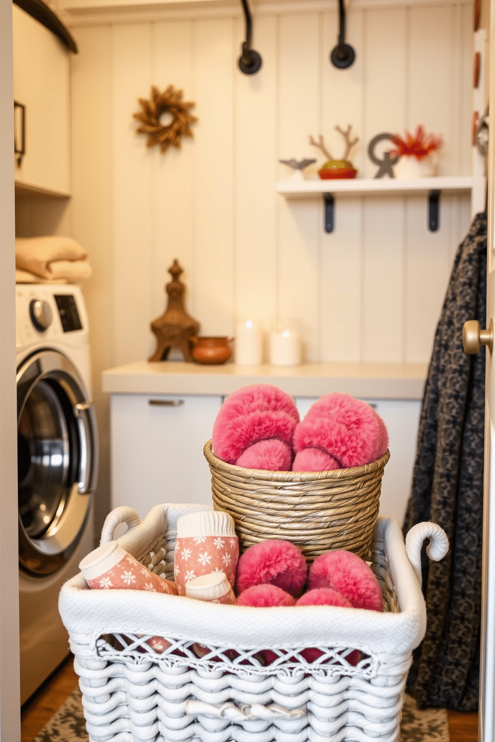 A cozy laundry room features a designated basket filled with soft, plush slippers ready for use. The space is adorned with warm lighting and decorative accents that create an inviting atmosphere perfect for winter.