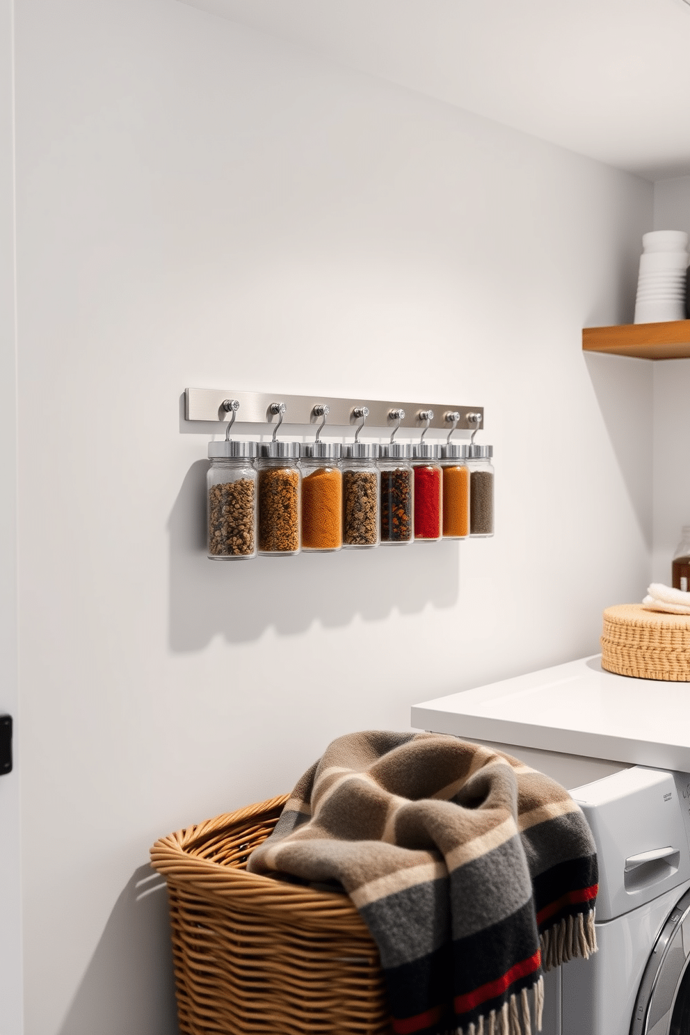 Magnetic spice jars are neatly arranged on a sleek metal strip mounted on the wall. The jars are filled with vibrant spices, adding a pop of color to the minimalist kitchen design. The winter laundry room features cozy decor elements like a warm throw blanket draped over a wicker basket. Soft lighting illuminates the space, creating a welcoming atmosphere for sorting and folding clothes.